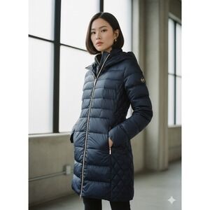 Michael Kors women's coat Navy Blue long Packable Down Puffer L lightweight